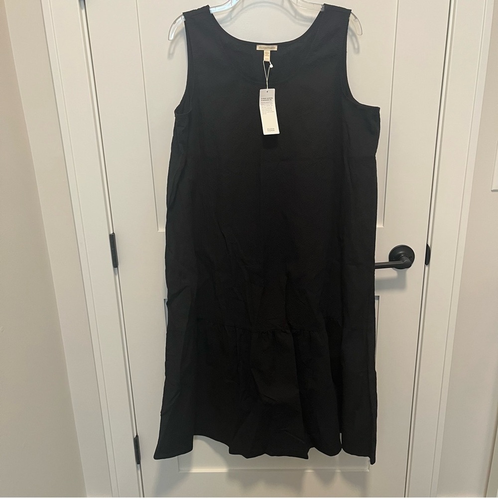 NWT Eileen Fisher XL Organic Cotton Pucker Tiered Dress Black Midi S2JRD-D5108 - Picture 3 of 8